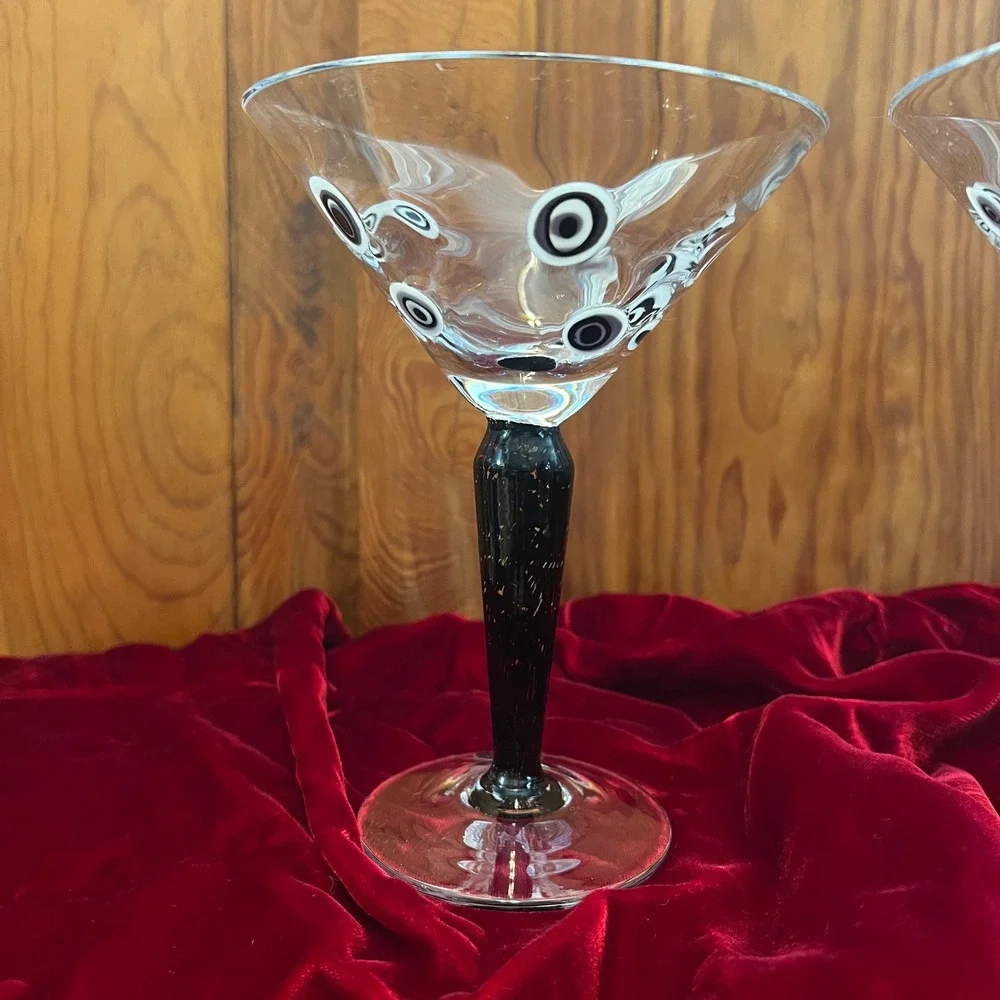 Murano Millefiori Hand Blown Martini Glasses Black White Murrine‎ Stem